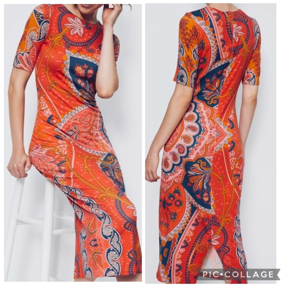 FARM Rio Orange and Blue Patterned Midi Dress